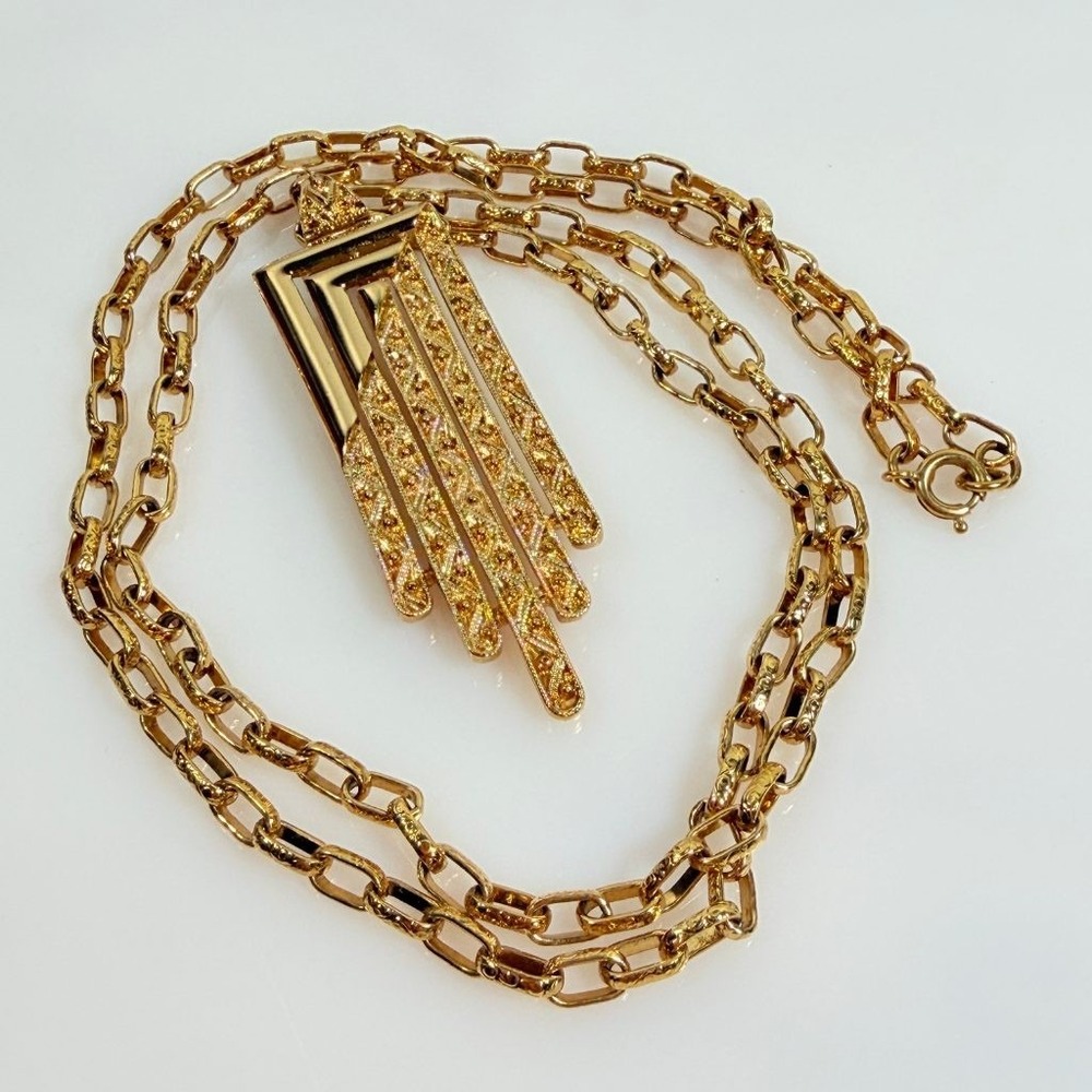 Vintage Monet Necklace Gold Tone Geometric Art Deco Style Pendant 28"